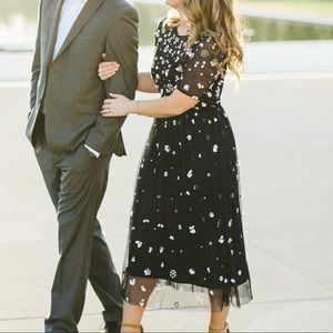 Lace and Beads Navy Embellished Midi Dress